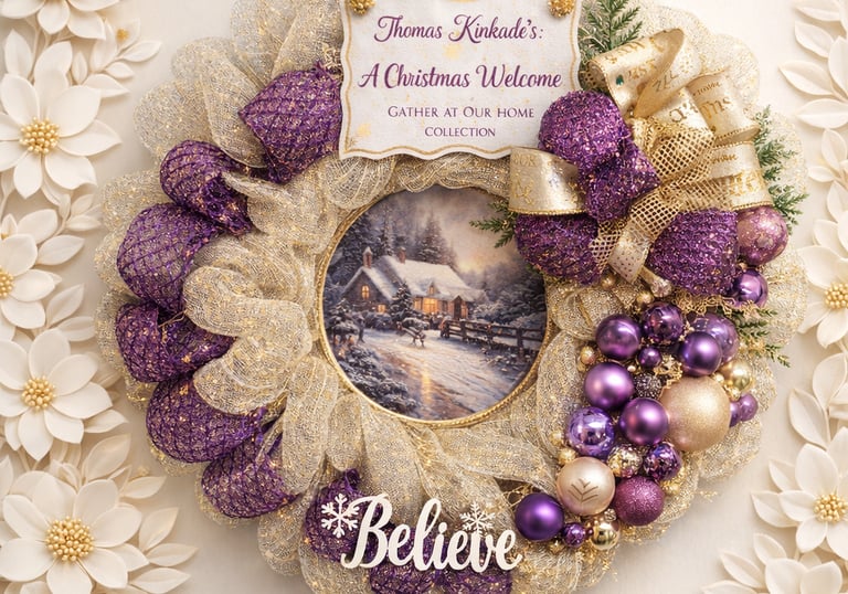 Thomas Kinkade Christmas wreath with purple ornaments and a snow-covered cottage scene.
