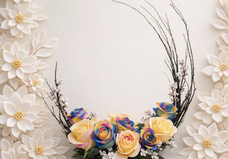 Elegant floral arrangement with colorful roses and white paper flowers on a textured background.