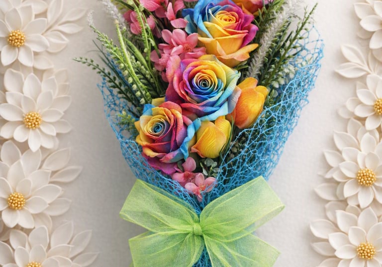Vibrant rainbow rose bouquet wrapped in blue mesh with a green bow, framed by white paper flowers.