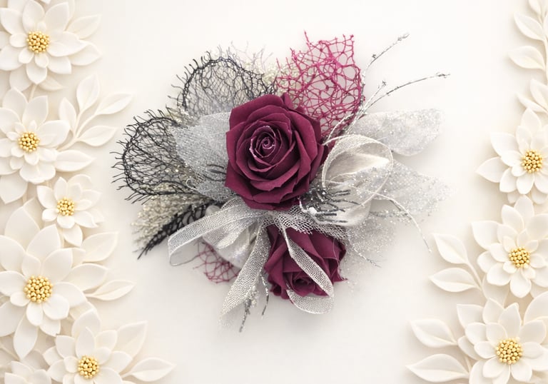 Elegant red rose corsage with silver ribbons and lace on a white background with floral borders.
