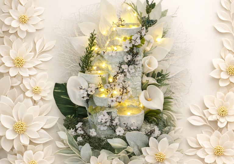 Elegant white floral arrangement featuring a lighted tiered tabletop fountain with calla lilies and paper flowers.