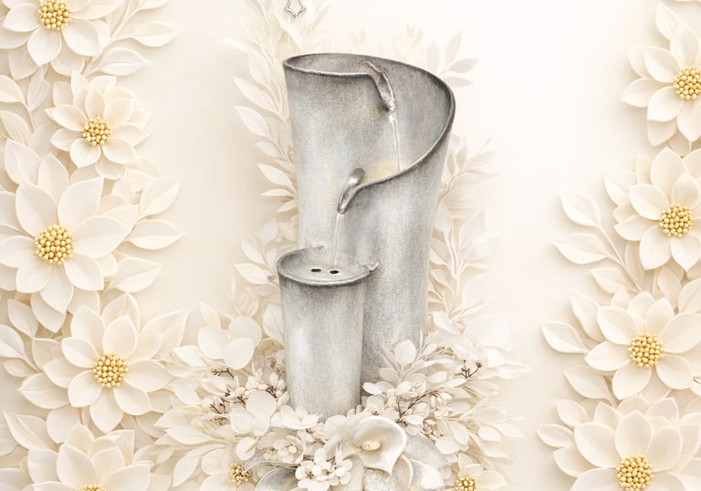 Elegant silver tiered indoor water fountain framed by white floral borders and a religious cross.
