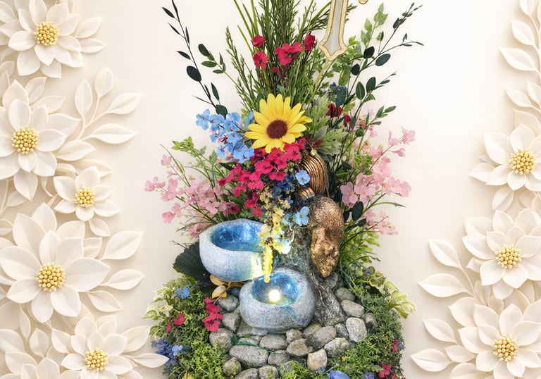 Illuminated garden flower arrangement with a christian cross, yellow sunflower, and glowing blue pools.