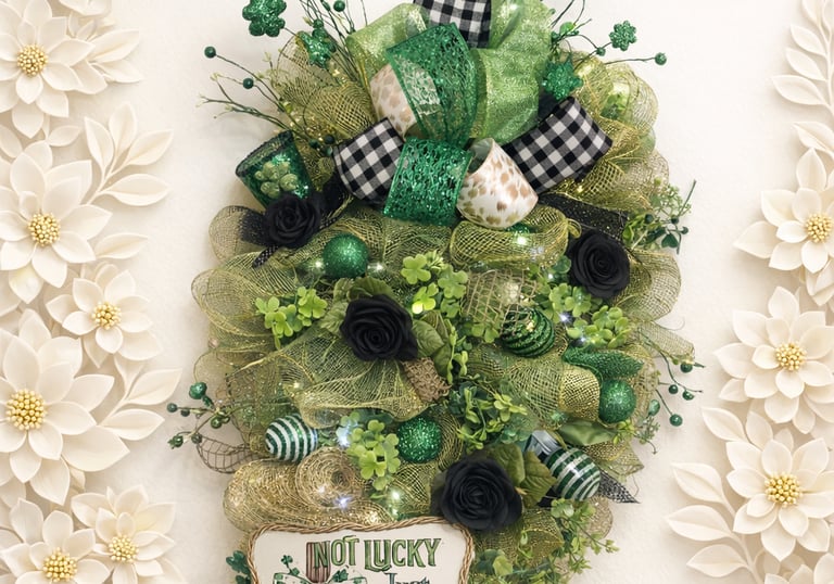 St. Patrick's Day door swag with green mesh, shamrocks, black roses, and a Not Lucky Just Simply Blessed sign.