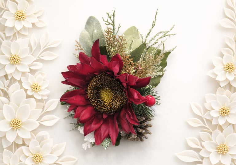Red silk sunflower wrist corsage with winter greenery