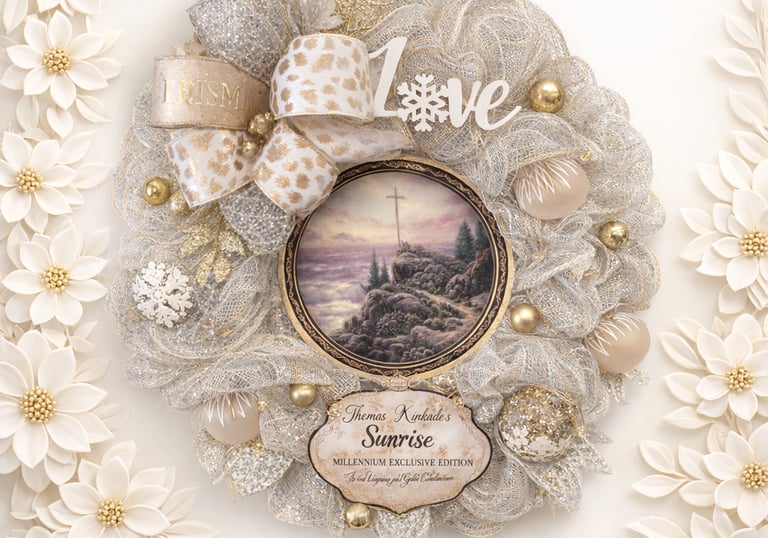 Thomas Kinkade Sunrise wreath with silver mesh, gold ornaments, and religious art center.