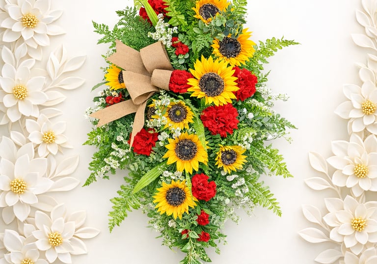 Sunflower and red carnation floral swag with burlap bow and green ferns for home wall decor.