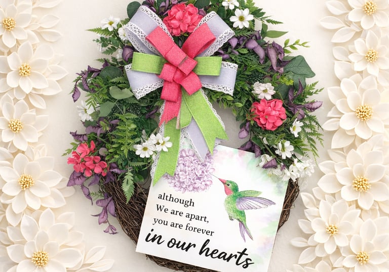 Memorial wreath with hummingbird sign, floral arrangement, and pink ribbon for sympathy decor.
