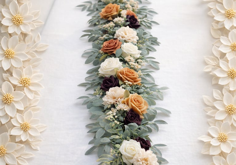 Rustic floral table runner with cream, terracotta, and burgundy roses on a white tablecloth.