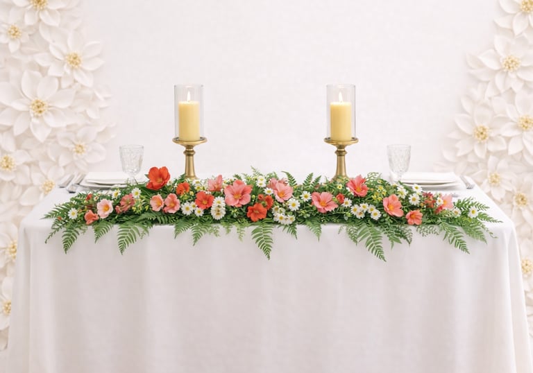 Elegant wedding table decor featuring a floral runner with pink poppies, greenery, and lit candles.