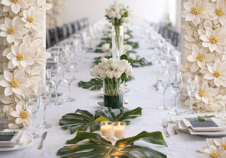 Elegant wedding table setting with white tulips, monstera leaves, and candles on a white tablecloth.