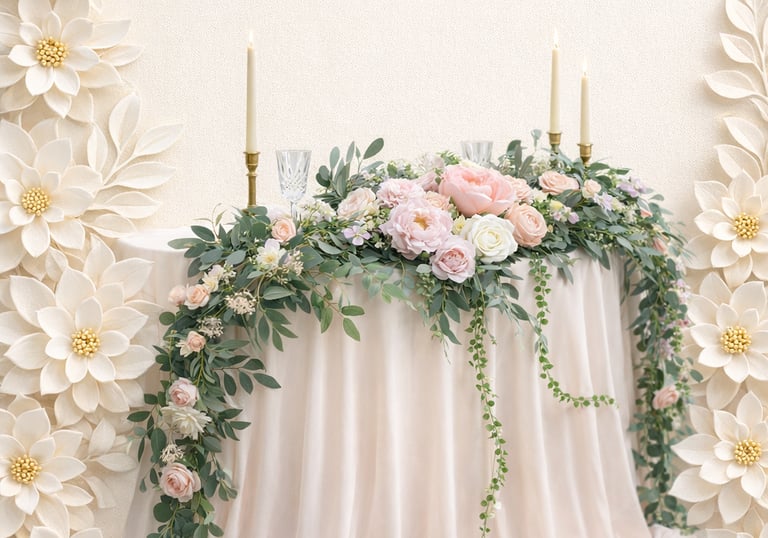 Elegant wedding sweetheart table with blush pink floral garland, tapered candles, and paper flower backdrop.