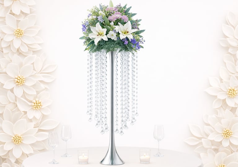 Elegant floral wedding centerpiece featuring white lilies and hanging crystals on a silver stand.