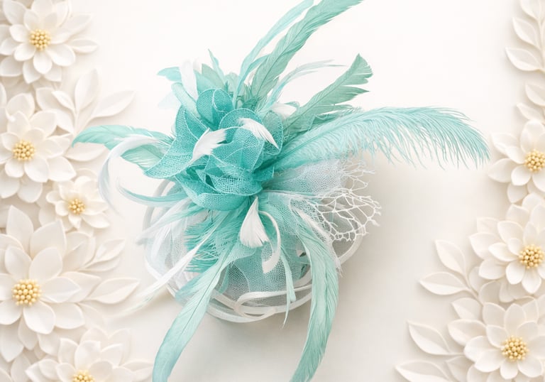 Elegant turquoise wedding fascinator with feathers and netting, framed by white floral paper art.