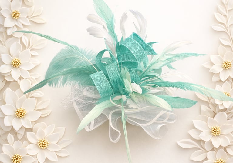 Elegant mint green and white feather fascinator hair clip surrounded by paper flowers.