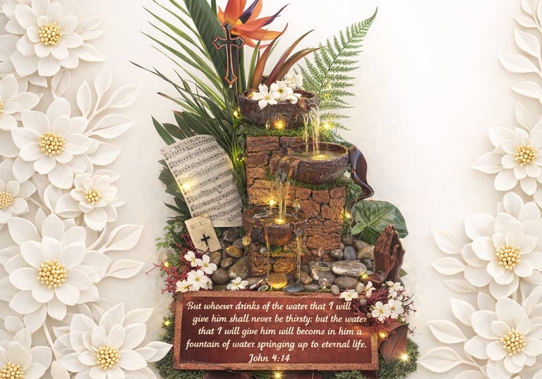 Illuminated indoor water fountain with John 4:14 bible verse, tropical flowers, and white floral wall decor.