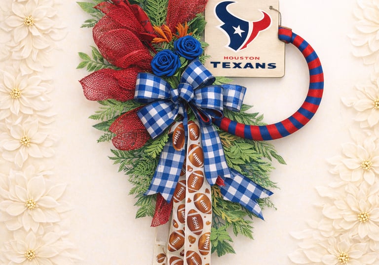 Custom Houston Texans door wreath featuring a team logo sign, blue gingham bow, and football ribbons.