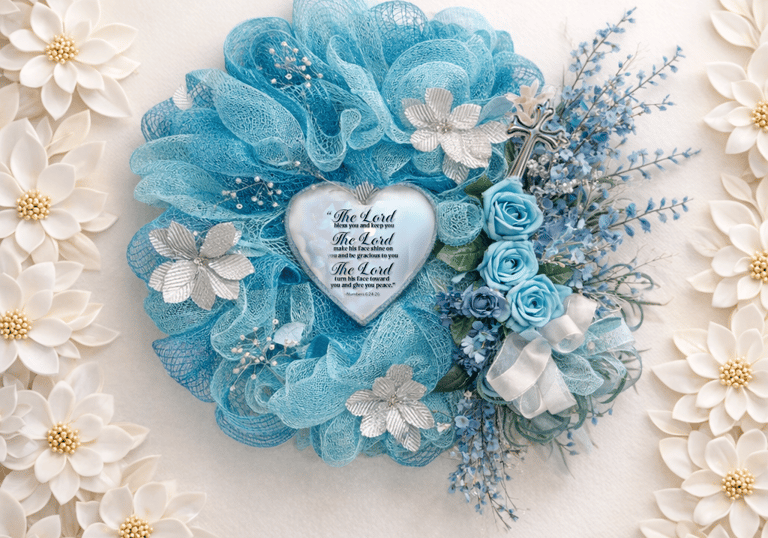 Blue mesh wreath with religious heart plaque, silver flowers, and a cross for home decor.