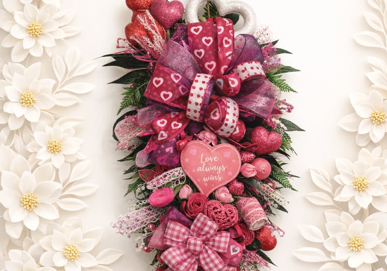 Valentine's Day door swag wreath featuring pink ribbons, glitter hearts, and Love Always Wins sign.