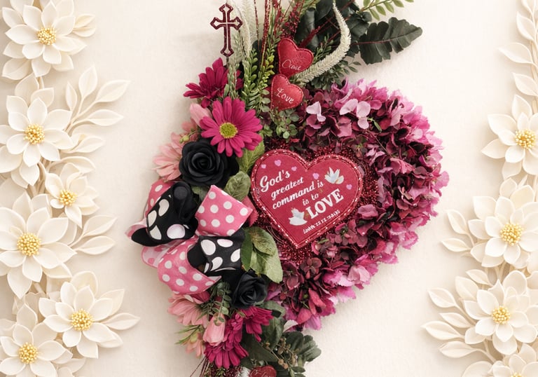 Heart-shaped floral wreath with pink flowers, a religious cross, and a 'God is Love' inspirational message.