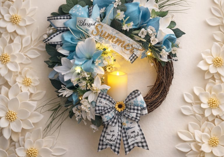 Rustic summer grapevine wreath with blue flowers, buffalo plaid bow, and a glowing candle.