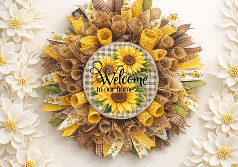Rustic burlap sunflower wreath with a Welcome to our home sign for front door decor.