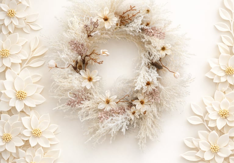 Elegant cream boho wreath with pampas grass and white paper flowers for neutral wall decor.