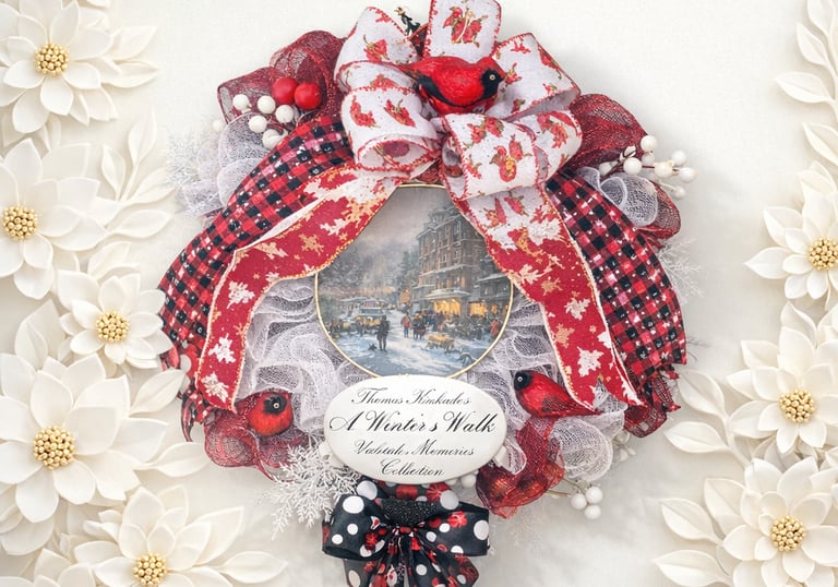 Thomas Kinkade A Winter's Walk Christmas wreath with red cardinals and festive ribbons.