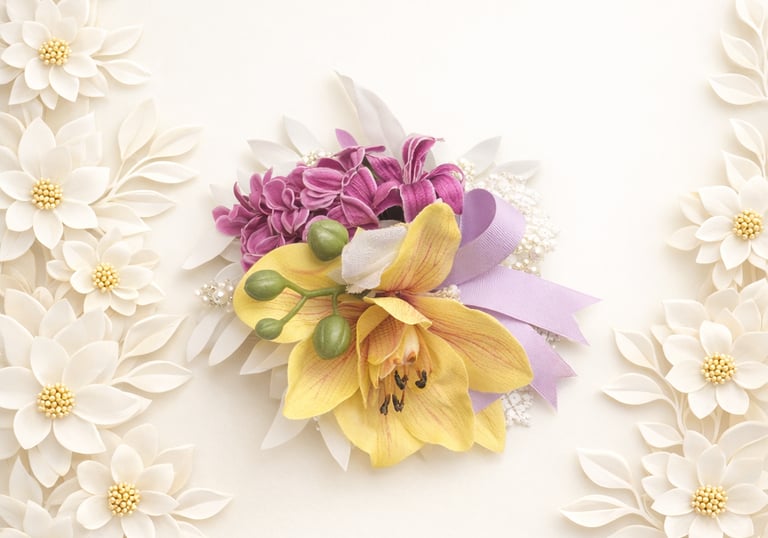 Yellow orchid and purple flower corsage on a white background with decorative floral borders.
