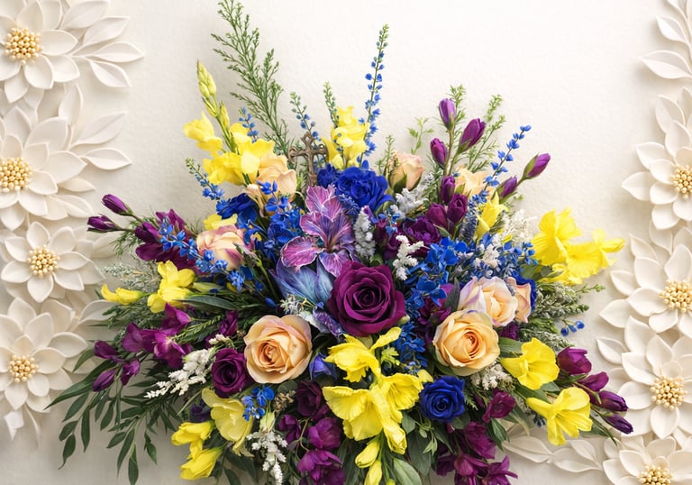 Elegant spray featuring purple roses, yellow gladiolus, and blue wildflowers on a white background.