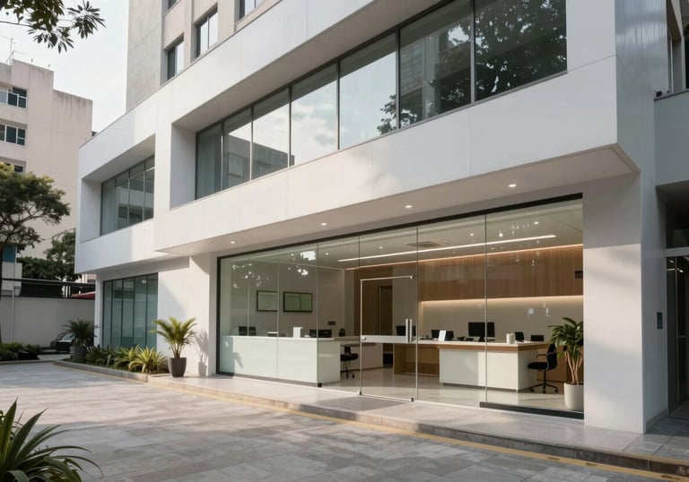 Wide shot of a contemporary clinical office in a South American urban center, minimalist aesthetics, architectural focus on professional excellence and modernity.