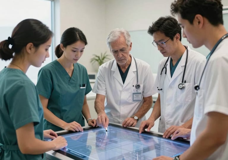 A professional team in modern clinical attire collaborating around a large interactive digital touchscreen in a bright North American medical office.