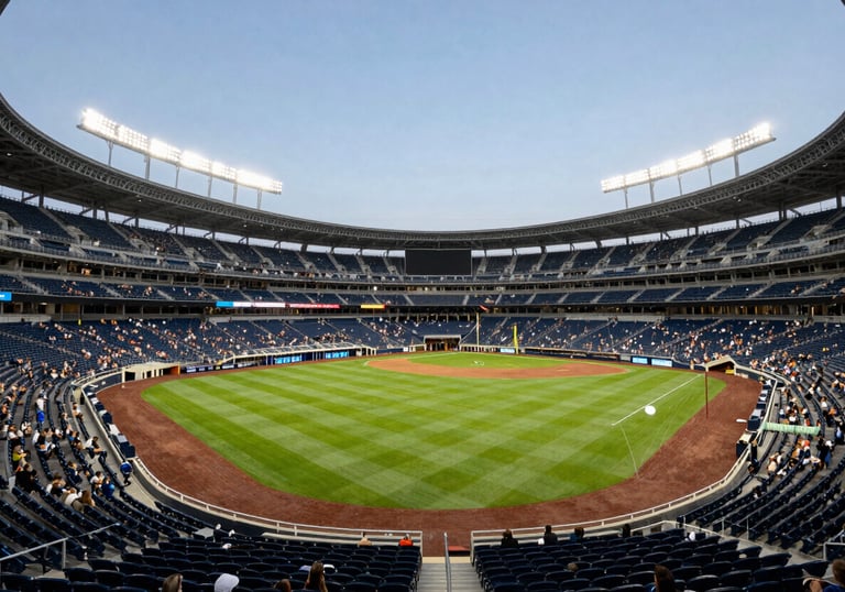 A wide shot of a bright North American stadium during a sporting event. The focus is on the stadium architecture and the green field from a spectator's perspective. The atmosphere is vibrant yet professional.