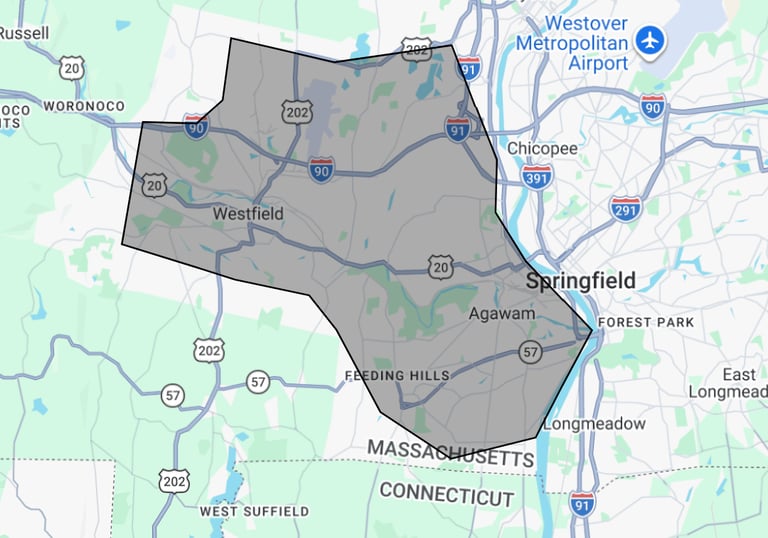 Local service area map highlighting Agawam, West Springfield, Westfield, and Feeding Hills, MA