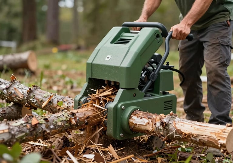 A powerful wood chipper processing tree limbs into clean mulch, with an arborist supervising carefully. The job site is organized and professional. Clear, focused lighting, highlighting the #2F5C3E and #1A2C21 green palette.