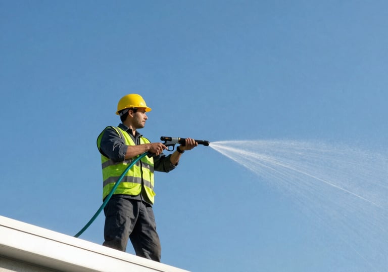 Side-by-side images of a patio before and after deep pressure washing, showing vibrant stonework.