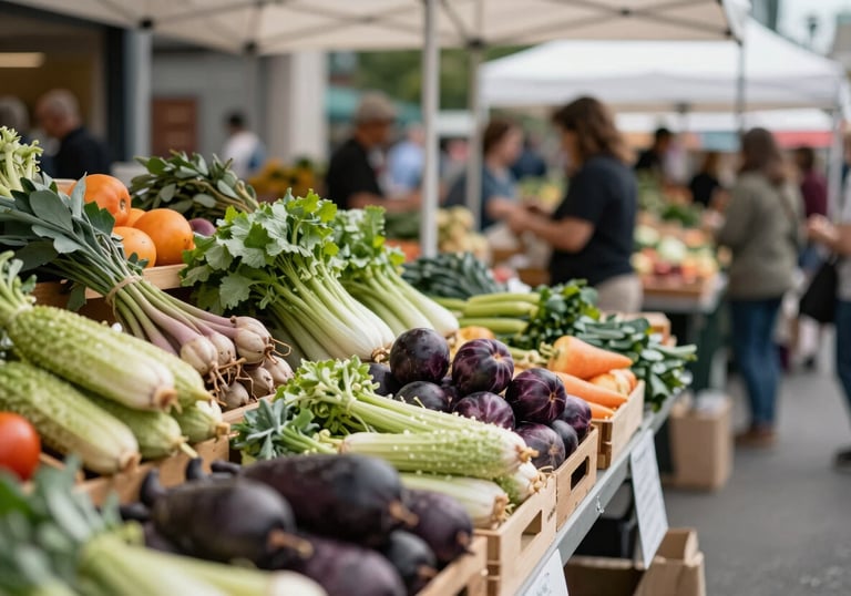A bustling, modern farm-to-table market in a North American / US city setting. Vibrant stalls of seasonal produce are captured with a professional depth of field and natural lighting.