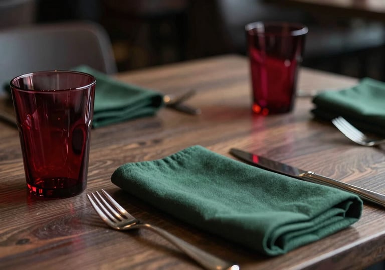An intimate shot of a modern restaurant table in North America / US, featuring deep ripe crimson glassware and a matte forest green napkin. The mood is sophisticated and inviting.