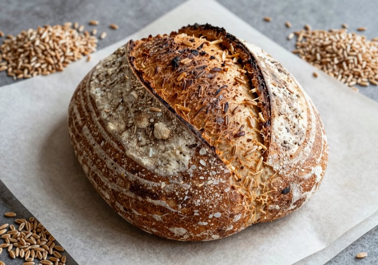 A close-up photograph of a fresh sourdough loaf on a crisp parchment surface, surrounded by raw grains. The lighting is soft and scandinavian in style, emphasizing the artisan textures.