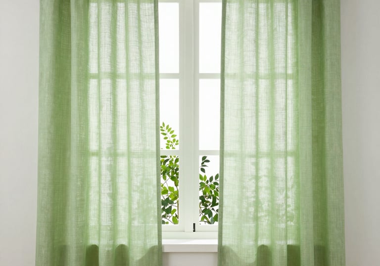 Elegant linen curtains softly filtering sunlight in a cozy room.