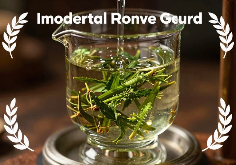 A professional macro shot of green herbal essence being distilled in a traditional glass apparatus, warm light reflecting through the liquid.