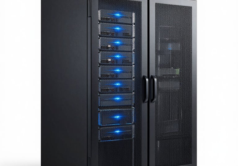 Clean, minimalist photograph of a high-end data server rack illuminated with soft blue LED lights, representing high-speed processing, professional style.