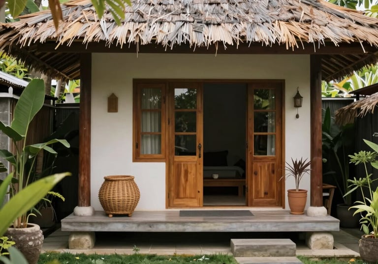 A charming Balinese villa surrounded by lush tropical gardens at sunset.