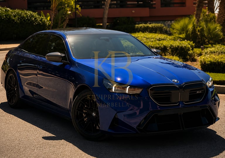 Luxury blue BMW M5 sedan parked at a luxury resort in Marbella for premium car rental services.