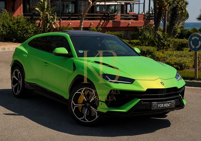 A lime green Lamborghini Urus luxury SUV parked at an upscale tropical resort in Marbella.