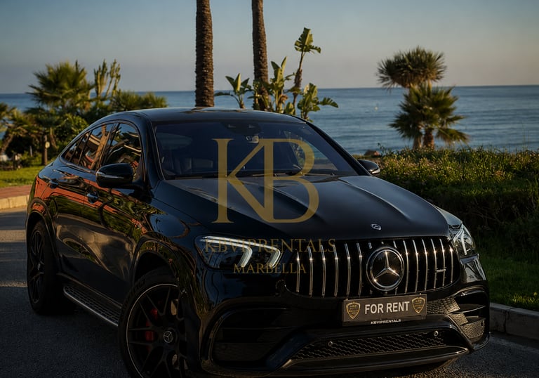 Luxury black Mercedes AMG SUV for rent parked near the beach with palm trees in Marbella.