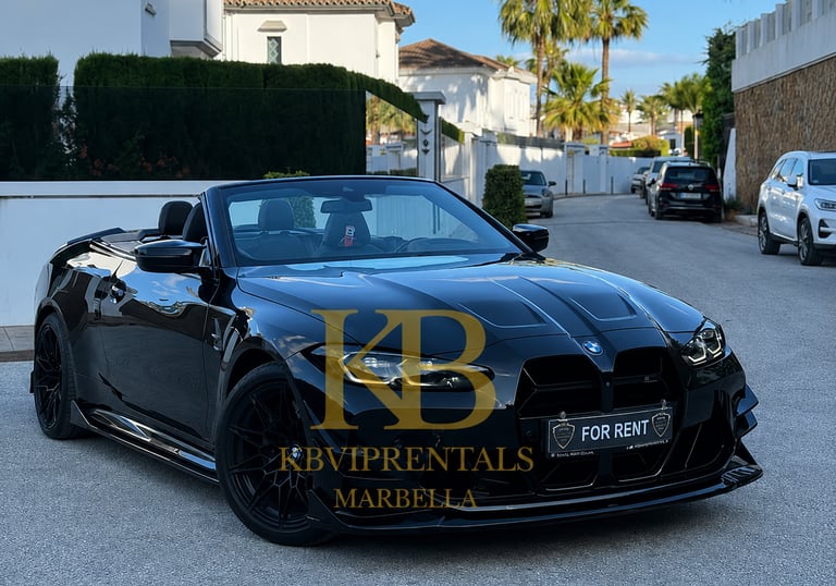 Black luxury BMW M4 convertible for rent parked on a sunny street in Marbella with palm trees.