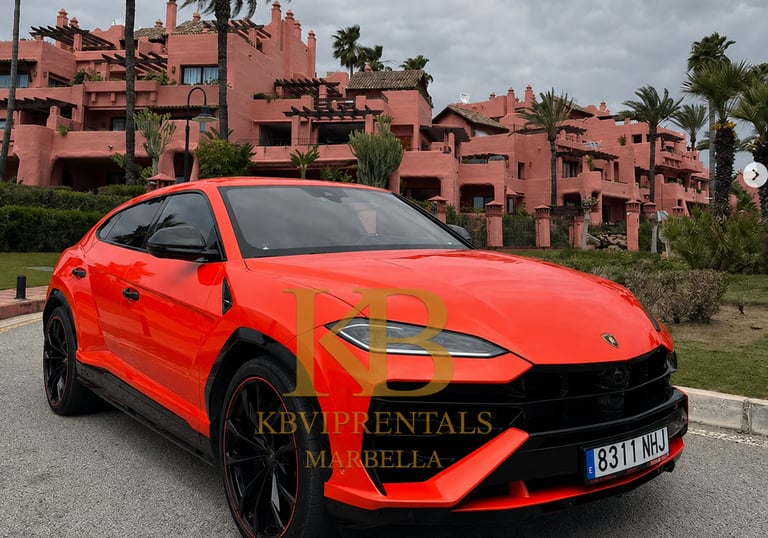 Bright orange Lamborghini Urus luxury SUV parked at a Marbella resort for high-end car rentals.