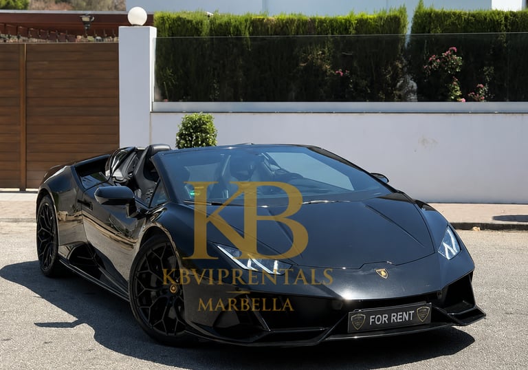 Sleek black Lamborghini Huracan Evo Spyder luxury car rental parked in Marbella.
