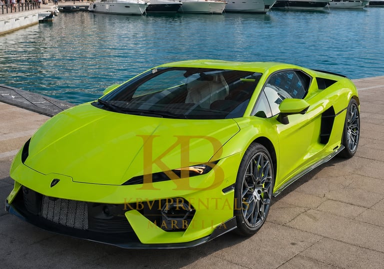 A bright lime green Lamborghini supercar parked on a stone pier at a luxury marina with yachts.